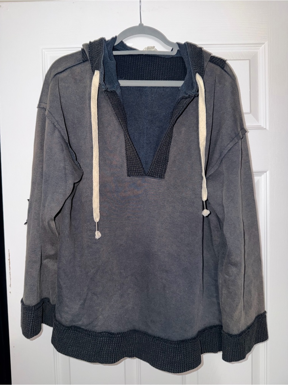 POL Women's V-Neck Hooded Sweater - Charcoal Gray with Cream Drawcords